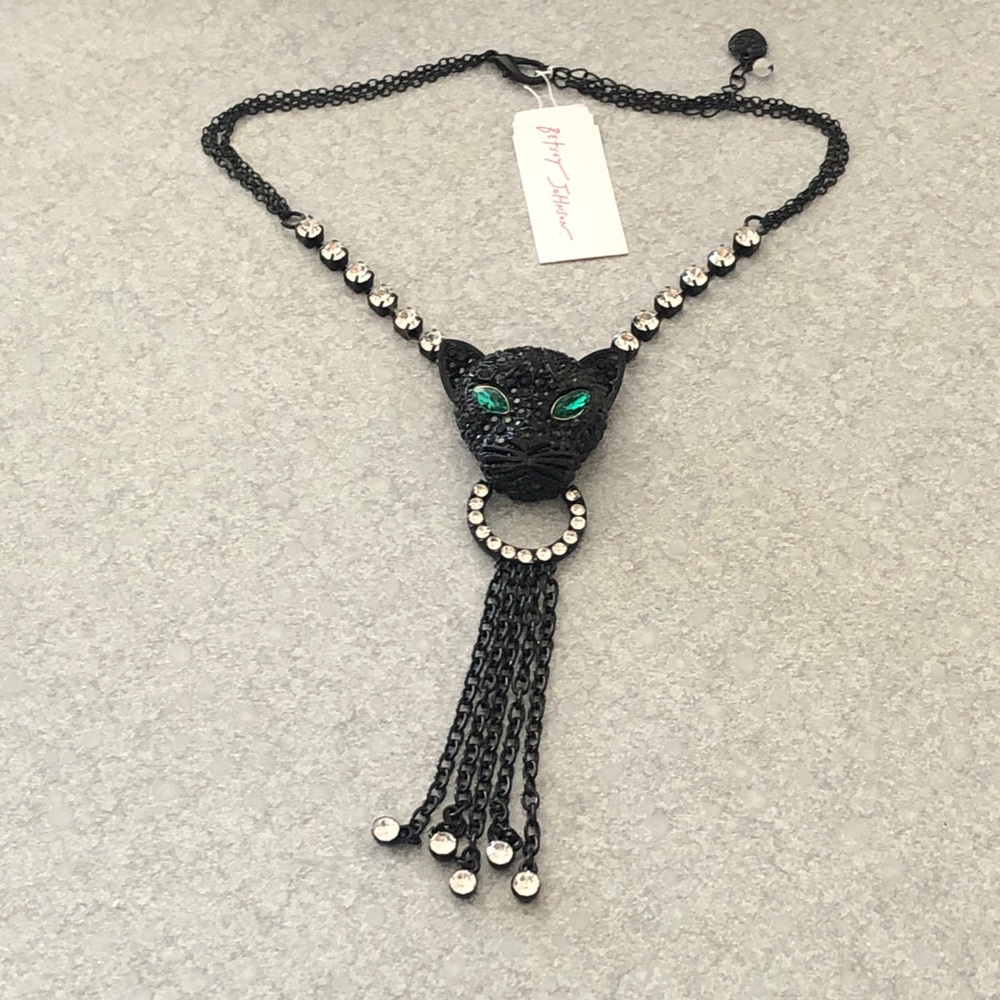 Betsey Johnson Black Crystal Encrusted Panther Head Pendant Necklace Fringe NWT